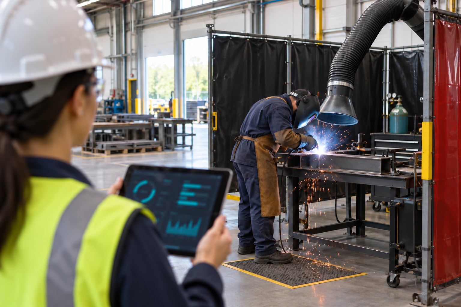 An industrial hygienist using X3 Exposure on a tablet at the edge of a welding bay