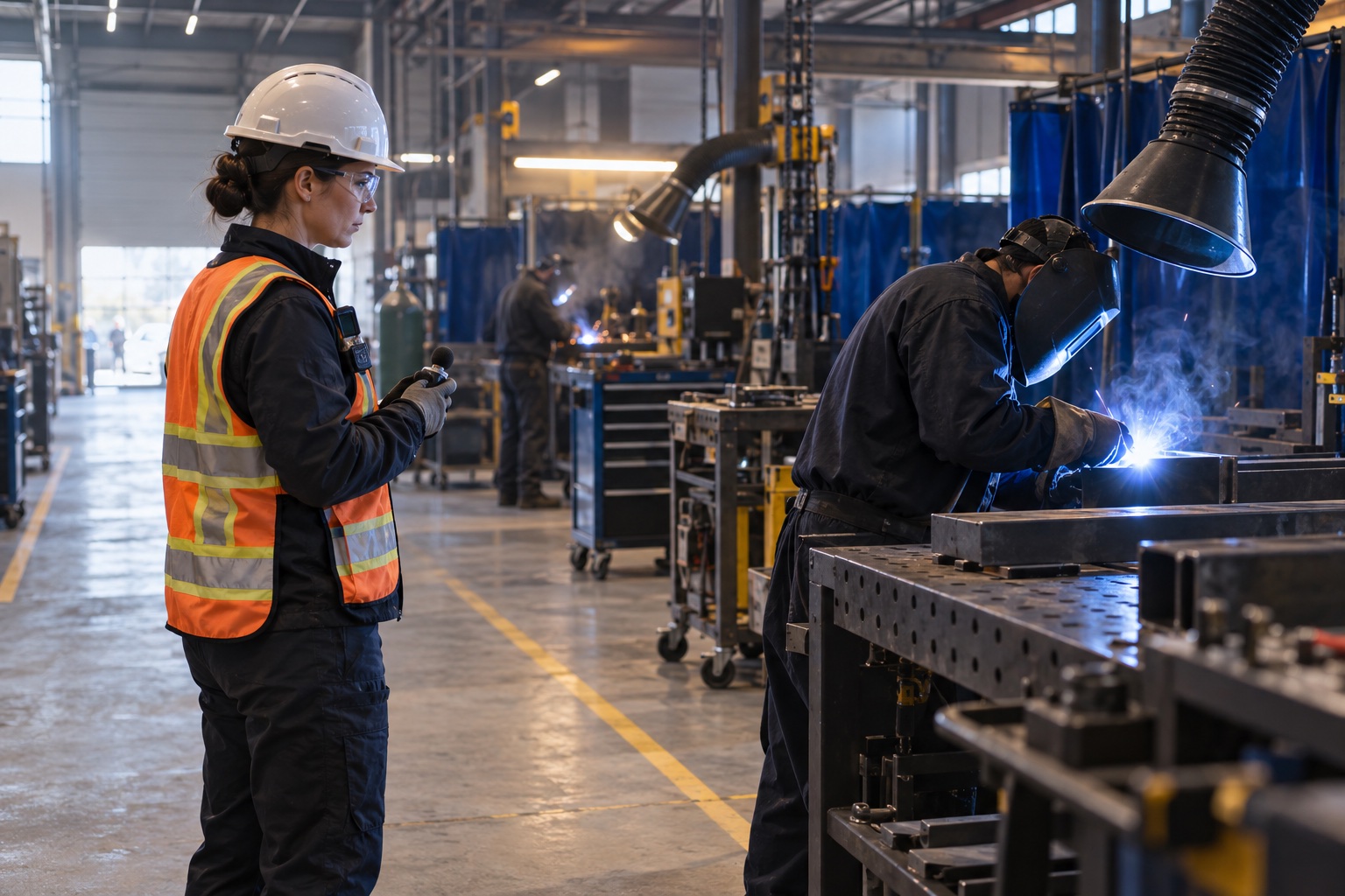 An industrial hygienist observing a welder at work under a local exhaust hood while recording field conditions