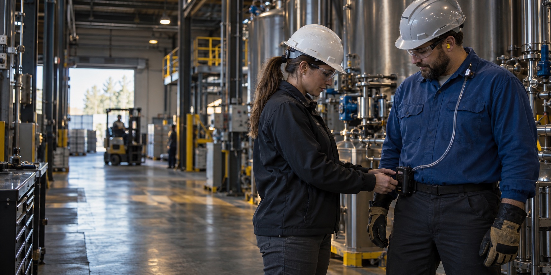 An industrial hygienist fitting a personal sampling pump to a worker's belt beside process equipment