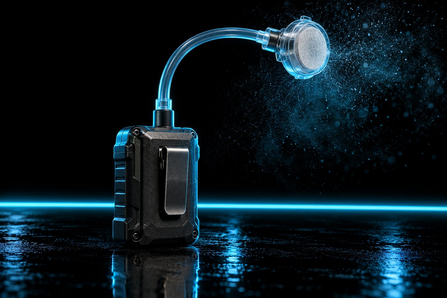 A personal air sampling pump, a small rugged box with a belt clip, standing on the black floor with a length of clear flexible tubing curling up from it to a round clear plastic filter cassette