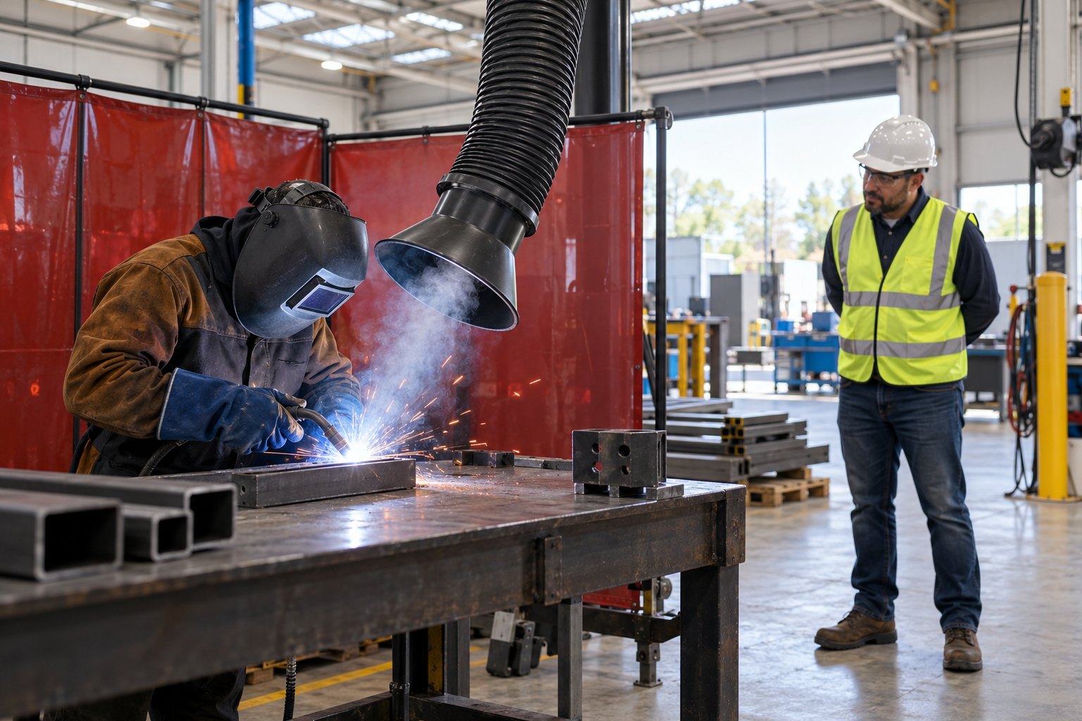 A welder working at a bench with a large flexible exhaust arm positioned correctly just above the weld, visibly drawing the fume away so the air around the welder's helmet is clear