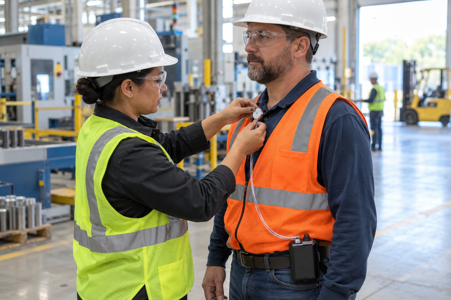 An industrial hygienist clipping a small filter cassette to the collar of a worker's shirt, with clear tubing running down to a sampling pump on the worker's belt