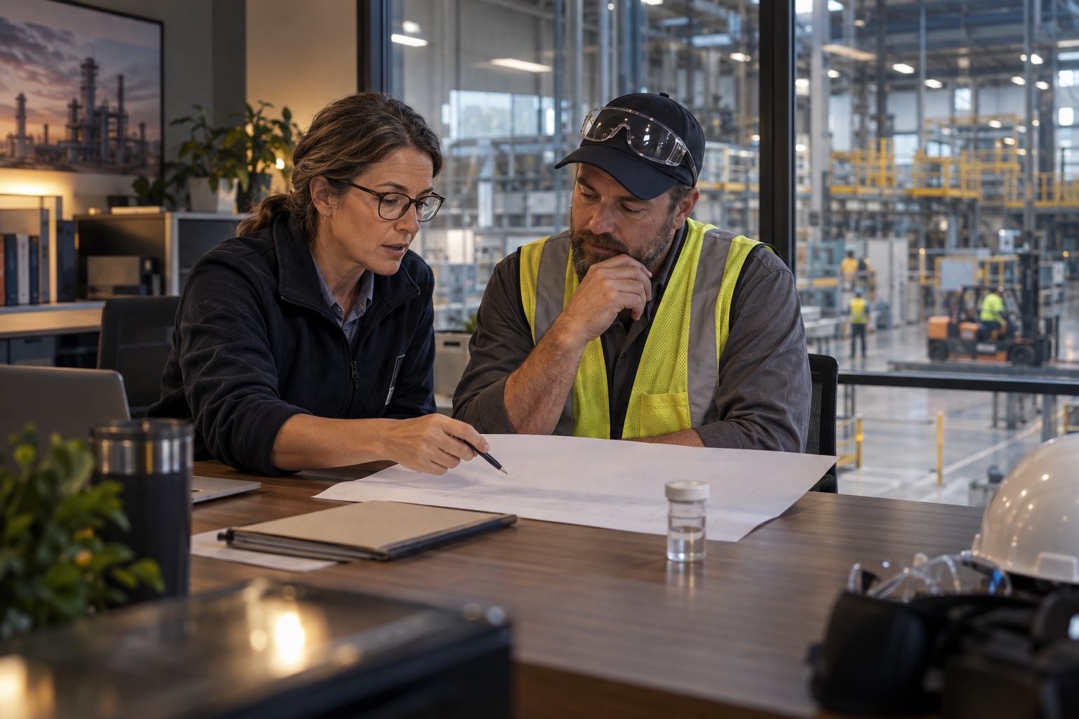 An industrial hygienist and a supervisor reviewing a monitoring plan together at a desk overlooking the plant