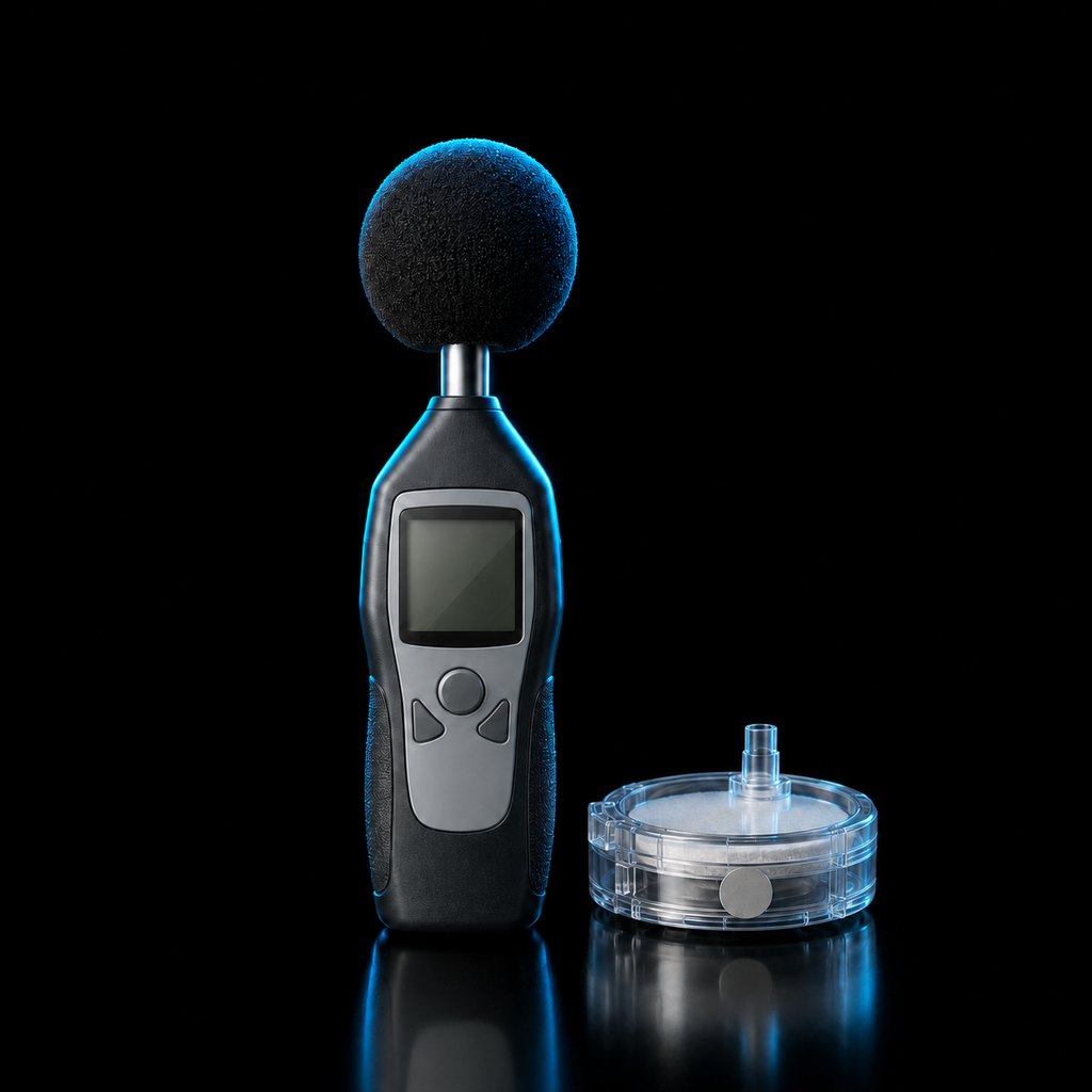 A handheld sound level meter with its foam windscreen ball on top, standing upright, next to a round clear plastic air sampling cassette